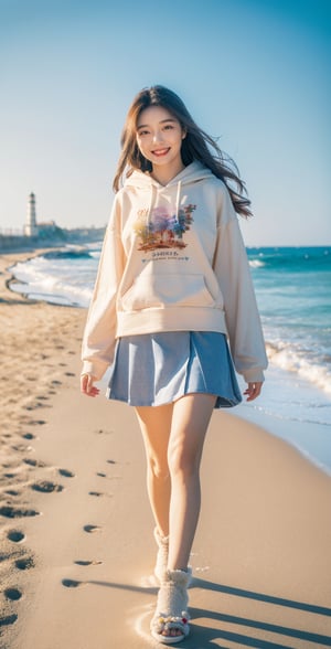 Photography, (Highest Quality, Masterpiece: 1.2), 8K, HDR, Photorealism, (Film Framing: 1.3), (Vivid Colors: 1.2), Fine Detail & Textures, Masterpiece, Highest Quality, Super Detail, Charming Smile, Perfect Hands , detailed face, Korean woman, black hair, slippers, (winter beach sand), (walking), skirt, (collar flower point long-sleeved t-shirt), hoodie, lighthouse,