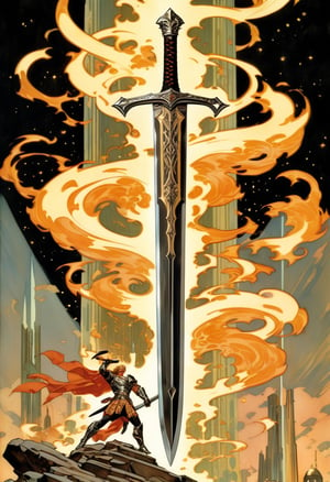 fantasy art, giant sword in the ground, dark energy flowing around the sword, cracked black blade, art by J.C. Leyendecker, detailed sword,more detail XL