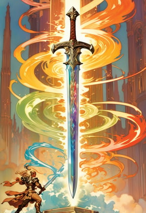 fantasy art, giant sword in the ground, rainbow-colored energy swirling around the sword, art by J.C. Leyendecker, detailed sword,more detail XL