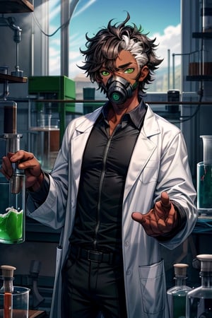 (masterpiece), best quality, expressive eyes, perfect face, 1boy, solo, (wrinkles), lithe, ((green eyes)), (black skin, brown skin):1.5, (black hair, white highlights, messy hair), scientist, white lab coat, ((scenery, laboratory, daytime)), gas mask