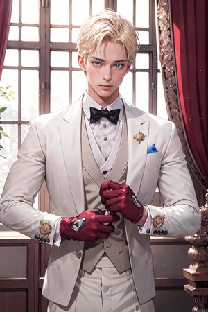 ((masterpiece), hi res, absurd res):1.3, high quality, best quality, expressive eyes, solo, 1boy, male, blonde hair, red eyes, fair skin, (clothed, prince suit, white suit):1.6, gloves