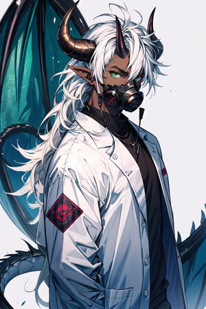 (Masterpiece, best quality, high quality, hi res, absurdres):1.5, 1boy, solo, monster boy, (dragon boy):1.2, lab coat, green eyes, (dark skin, brown skin):2, (fin ears, dragon ears):1.8, (white hair, messy hair, long hair):1.3, (black horns):1.7, gas mask