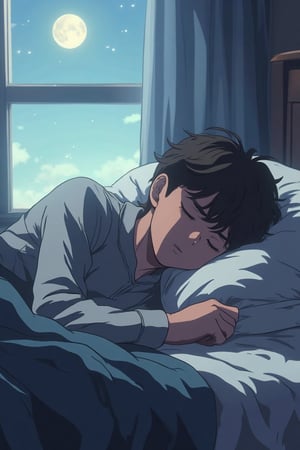 Anime-style illustration of a 13-year-old boy sleeping peacefully in bed, wearing cozy pajamas. The scene is softly lit by moonlight streaming through a window, casting gentle shadows. The boy is curled up under a blanket, with a slight smile on his face. The composition focuses on his serene expression, framed by his tousled hair and the soft, inviting bed. The overall atmosphere is warm and comforting, capturing the innocence and tranquility of a child's sleep.