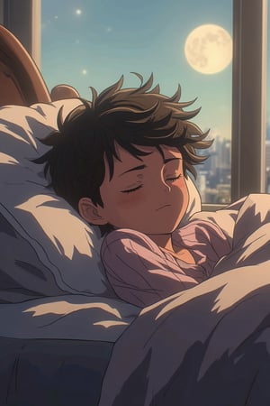 Anime-style illustration of a 13-year-old boy sleeping peacefully in bed, wearing cozy pajamas. The full-body view shows him curled up under a blanket, with a slight smile on his face. Soft moonlight streams through a window, casting gentle shadows. The composition highlights his serene expression and tousled hair, with the warm, inviting bed in the background. The overall atmosphere is warm and comforting, capturing the innocence and tranquility of a child's sleep.