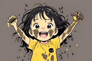 A little girl with a muddy face,laughs , perfect details fingers , with yellow t-shirt ,((black)) eyes , full-body, high quality , 4k , high details face,high details eyes , background , cartoon ,Flat vector art