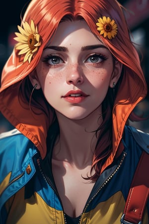 Generate hyper realistic image of a scene featuring a young woman with a unique sunburst freckle pattern across her cheeks and nose, dressed in eclectic and vibrant clothing, exploring a lively and colorful street market with an international flair.Extremely Realistic, up close, red hair