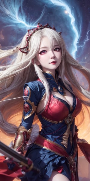 ((masterpiece)), (((best quality))), ((ultra-detailed)), ((illustration)), ((disheveled hair)), beautiful detailed eyes, (1girl:1.2),(solo), dynamic angle, dark magician girl,(black kneehighs:1.1),a woman with long hair holding a sword, digital art, by Yang J, chinese dress, artwork in the style of guweiz, beautiful anime face, high definition anime art, beautiful alluring anime teen, high quality detailed anime, style anime(starry tornado:1.4), starry Nebula, ((frills)), beautiful detailed sky, beautiful detailed eyes,evil smile, expressionless,hairs between eyes,  white  hair,pleated skirt,((disreveled hair)),Wusiii