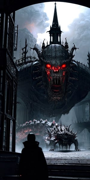 art by Tsutomu Nihei,(gothic but extremely beautiful:1.4), (masterpiece, best quality:1.4) , two enemies fight in a cityscape and in the background a giant monster breathing fire from its mouth ,Movie Still