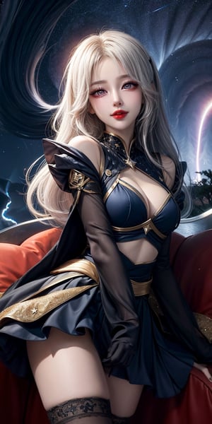 ((masterpiece)), (((best quality))), ((ultra-detailed)), ((illustration)), ((disheveled hair)), beautiful detailed eyes, (1girl:1.2),(solo), dynamic angle, dark magician girl,Slightly raised lips, dark red lipstick, beautiful and delicate eyes, extremely delicate and beautiful girl, cute, extremely delicate face, beautiful face, beautiful and delicate hair, very aesthetic,(black kneehighs:1.1),(starry tornado:1.4), starry Nebula, ((frills)), beautiful detailed sky, beautiful detailed eyes,evil smile, expressionless,hairs between eyes,  white  hair,pleated skirt,((disreveled hair)),Narin