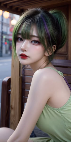 masterpiece, ultra detailed, high quality, 1girl,Slightly raised lips, dark red lipstick, beautiful and delicate eyes, extremely delicate and beautiful girl, cute, extremely delicate face, beautiful face, beautiful and delicate hair, very aesthetic, (blush, red face, parted lips), detailed lips, sitting in bench, (solo), wide shot, scenery, full body, Kuki Shinobu, green hair, hair between eyes, ponytail, short hair, (purple eyes:1.1), hair ornament, kukishinoburnd