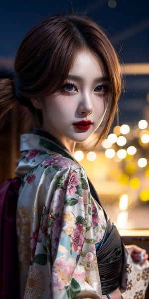 Anime ,hentai,(beautiful detailed face, beautiful detailed eyes),Slightly raised lips, dark red lipstick, beautiful and delicate eyes, extremely delicate and beautiful girl, cute, extremely delicate face, beautiful face, beautiful and delicate hair, very aesthetic,(((best quality,masterpiece))),(a beautiful girl,(flower pattern) kimono),(anime style),(Snow cover,night_sky ,fireworks,Matsuri, nature view),more detail XL,EpicSky,cloud,brown hair,brown eyes