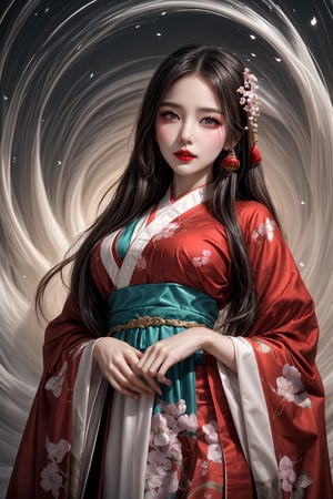A majestic fusion of tradition and whimsy: a ravishing young woman, dressed in ornate hanfu attire and dripping in jewelry, poses amidst a kaleidoscope of fractal patterns. Her left hand cradles a cherry blossom branch with delicate orchid fingers, while her right hand softly pinches the sleeve. Dark red lipstick accentuates her slightly upturned lips. Her breathtakingly detailed eyes sparkle like light particles, set against an ethereal porcelain complexion. Gentle waves cascade from her hair as she stands amidst a swirling vortex of abstract shapes and colors.