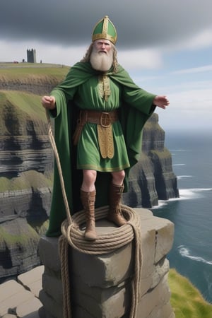 very detailed scene of st. patrick being held captive, tied up in rope by an ancient celtic warriors atop on the edge of the cliffs of moher, realistic,