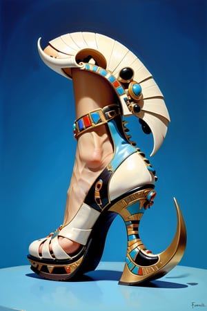 digital art, 8k, picture of a high heel woman's shoe, the shoe is inspired by the Egyptian Queen by Frank Frazetta, 1969, chunky heel, whimsical, side view of shoe beautiful, highly detailed, whimsical, fantasy, ,more detail XL