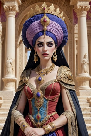 Cinematic scene - close up shot of Septimia Zenobia, a beautiful syrian queen in palmyra Syria in the third century c.e in a fusion of elaborate rococo, persian middle eastern parthian style and Greco-Roman and gothic punk. she has jet black hair. she has round large big copper eyes, she wears an elaborate middle eastern parthian style and Greco-Roman inspired royal gown in rich vibrant colors of red, purple, white gold, and black. she wears a turban, head ornament, crown and long shawl and an ancient syrian queen's head dress. elaborate earrings, necklaces and wrist cuffs made out of gold, lapis lazuli, amethyst. roman sandals on her feet. she walks down the steps in front of a luxurious temple, the detailed background is of a magnificent temple with painted columns. tall and small palm trees, statues, in the desert in the 3rd century a.d. perfect female anatomy, goth person, pastel goth, dal, Gaelic Pattern Style, 