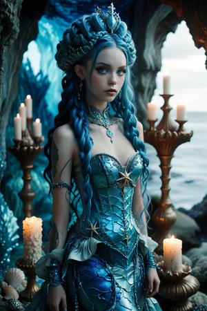 1girl,solo,full body shot of a mermaid princess, in elaborate mermaid style form fitting fashion. gown, crown made of shells, blue and silver colors, sleeveless elaborate rococo corset-style bodice. extremely long vivid blue hair in elaborate braids and buns. Large expressive blue eyes, light blue skin, Opulent sea cave dwelling backdrop with candles, sea trinkets, seahorses, starfish, Soft, dreamy lighting. Blend of kawaii, gothic, royal, and Arabian Nights aesthetics