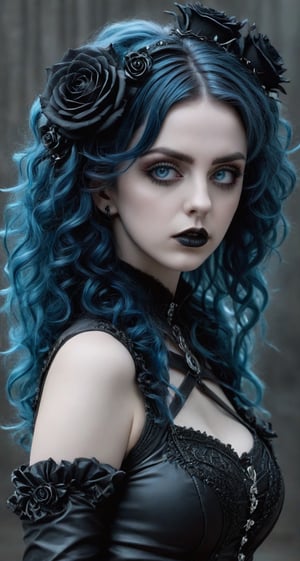 Highy detailed image, cinematic shot, (bright and intense:1.2), wide shot, perfect centralization, side view, dynamic pose, crisp, defined, HQ, detailed, HD, dynamic light & pose, motion, moody, intricate, 1girl, blue curly hair (((goth))) light blue eyes, black roses in hair, attractive, clear facial expression, perfect hands, emotional, hyperrealistic inspired by necronomicon art, fantasy horror art, photorealistic dark concept art
,goth person
