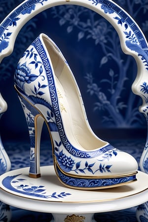 digital art, 8k, picture of a high heel woman's shoe made out of bone china in the japanese blue willow pattern, sid view of shoe  beautiful, highly detailed, whimsical, fantasy, ,more detail XL
