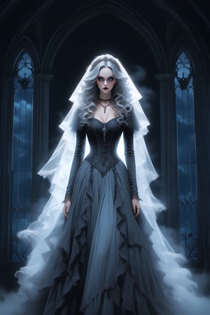 cowboy shot dynamic pose featuring a beautiful woman dressed in a long elaborate gothic gown, resembling a ghostly figure. she his light blue eyes. she has very very long curly grey hair She is wearing a veil and an elaborate gothic necklace, which adds to her eerie appearance. The woman's face is painted white, further enhancing the ghostly look. the detailed background is of a dark gothic mansion at night she is standing in fron of a large window. swirling mists behind her. the overall atmosphere of the image is mysterious and haunting. very high resolution, designed by Ilya kuvshinov, aw0k nsfwfactory, aw0k magnstyle, danknis, Anime,  IMGFIX