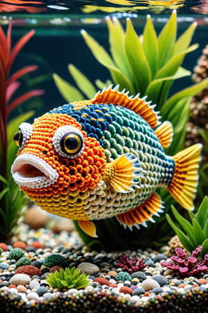 a colorful puffer fish, floating in a decorated fish tank with aquatic plants, small fish, colored gravel, detailed textures, ultra sharp, crocheted