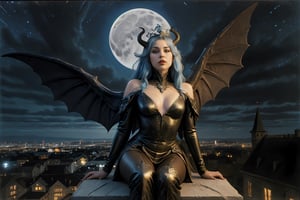 middle shot, michael parkes style, a beautiful young queen of gargoyles with gargoyle wings, horns, thick voluminous long blue hair is sitting on the ledge of a very tall castle. she is wearing an elaborate royal dress. a gargoyle is sitting next to her. its night time with a full moon. dark sky & stars are in the sky.  michael parkes, zoom out.,1girl,Masterpiece,SD 1.5,realistic