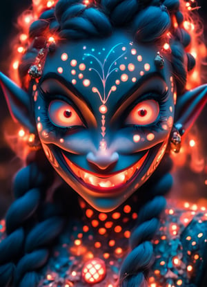 close up portrait (sacred night and elf puppet),(ultra-fine HDR), extremely delicate and beautiful girl with white traslucent opalescent skin, closed mouth mischevious smile, glowing intricate round human detailed eyes, glowing tattoos on face, glowing floating translucent orbs, vivid red hair in elaborrate braids and buns 