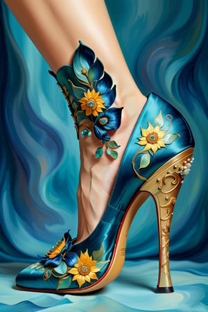 digital art, 8k, picture of a high heel woman's shoe, the shoe is inspired by the art of vincent van gogh, whimsical, shoe made of silk, side view of shoe beautiful, highly detailed, whimsical, fantasy, ,more detail XL