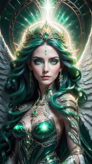 close up portrait of a beautiful queen of the angels glowing, magnificent, serene, vivid emerald hair, large emerald eyes, she is wearing an elaborate gown, detailed background of a heavenly castle of light marble, AngelicStyle,more detail XL, 