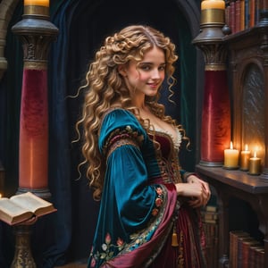 full body portrait, side view, extreme long shot of a beautiful pre-raphaelite woman smiling, she has blonde curly long hair and she wears an elaborate floor-length pre-raphaelite silk and velvet embroidered victorian gown. the detailed background shows a witch lair with ancient leather books, bottles of colored potions, magical items, lit candles. her hands are down at her sides. john william waterhouse, pre-raphaelite, perfect female anatomy. hands down at her sides.