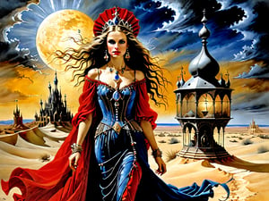A beautiful royal gypsy magical woman walking through the desert. Painting by Luis Royo. surrealism. Machinarium. elaborate dress in colors of red, gold, royal blue, black. her tiny flying pet dragons are flying around the ornate large lantern she is carrying. the detailed background is of a vast desert, stormy sky, dark clouds, full moon, desert fortress in the distance, Samorost and Gaudi. Remedios Varo. Modern style. Surrealism. elaborate earrings, necklaces, chain belts, bracelets on both wrists, ,realistic,Detailedface,amazing quality