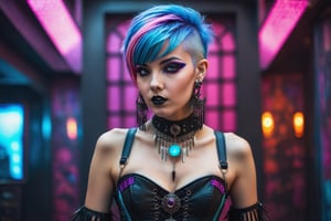 portrait of a beautiful young cyberpunk woman. dark gothic make-up, elaborate cyberpunk-inspired corset outfit, elaborate cyberpunk long earrings and necklace. vivid colorful pastel short layered hair with fringe and bangs. background of detailed elaborate cyberpunk-inspired wallpaper.
