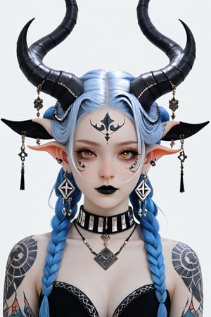 1 girl, portrait, (masterful), albino demon girl with vivid blue hair with elaborate braids and buns, wearing a decorated bra, detailed intricate symmetrical tattoos of magical symbols, patterns on her shoulders arms and upper chest, (long intricate horns), elaborate jewelry, best quality, highest quality, extremely detailed CG unity 32k wallpaper, detailed and intricate, looking_at_viewer, goth person, white backdrop