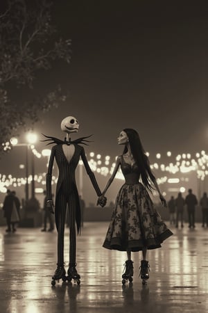 long shot, a realistic, detailed, photograph, b&w black and white sepia photo, the animated cartoon character Jack Skellington from nightmare before christmas and his animated cartoon girlfriend sally, are side by side holding hands roller skating at a roller skating rink at night.