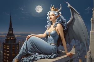 middle shot, michael parkes style, a beautiful young queen of gargoyles with grey skin, gargoyle wings, horns, long grey-blue hair and a crown is sitting on top of a very tall building. her eyes are open and she has a serene expression. its night time with a full moon. she is holding a small gargoyle in her hands. dark sky & stars are in the sky.  michael parkes, zoom out.,1girl,Masterpiece,SD 1.5,realistic