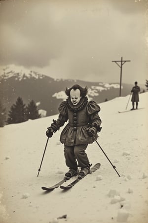 long shot, a realistic, detailed, photograph portrait, b&w black and white sepia photo, the evil clown pennywise is on skis son a snowy hill in the alps. snow is falling from the sky. the atmosphere is eerie and strange.