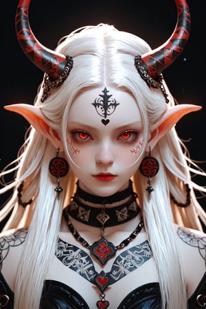 1 girl, full-body_portrait, (masterful), albino demon girl ,red long hair with elaborate braids and buns, decorated bra, detailed intricate symmetrical tattoos of magical symbols, patterns on her shoulders arms and upper chest, (long intricate horns), best quality, highest quality, extremely detailed CG unity 32k wallpaper, detailed and intricate, looking_at_viewer, goth person, white backdrop