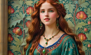 close up portrait, john william waterhouse, pre-raphaelite, a beautiful gothic woman stands in front of a wall covered in intricate william morris wallpaper. she wears elaborate dangle earrings and necklace. she has long big vivid red hair and green eyes. she has a sweet innocent smile. she wears an elaborate pre-raphaelite gown. john william waterhouse, pre-raphaelite, perfect female anatomy.