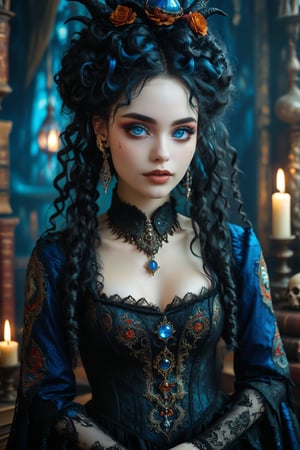 1girl,Envision a beautiful rococo gothic witch. long big vivid blue curly hair in elaborate braids and buns, big round beautiful eyes. dark gothic make-up. smooth perfect skin, beautiful full lips. she has a warm, welcoming smile. she is resplendent in a beautiful witch dress adorned with intricate gothic embroidery, with rich colors and luxurious fabrics. she wears a conical, pointy-tipped witch hat adorned with intricate gothic embroidery,  rich colors and luxurious fabrics. the detailed background is of her rococo witches lair of ancient leather books, spellbooks, potions, candles, crystal ball, skull. she is powerful and benevolent, a healer of the highest order. 