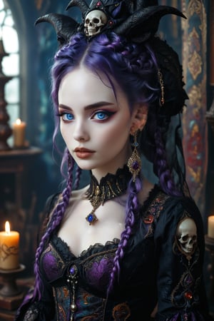 1girl,Envision a beautiful rococo gothic witch. long big vivid purple hair in elaborate braids and buns, big round beautiful eyes. dark gothic make-up. smooth perfect skin, beautiful full lips. she has a warm, welcoming smile. she is resplendent in a beautiful witch dress adorned with intricate gothic embroidery, with rich colors and luxurious fabrics. she wears a conical, pointy-tipped witch hat adorned with intricate gothic embroidery,  rich colors and luxurious fabrics. the detailed background is of her rococo witches lair of ancient leather books, spellbooks, potions, candles, crystal ball, skull. she is powerful and benevolent, a healer of the highest order. 