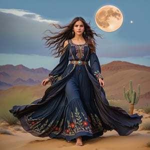 full body portrait, side view, extreme long shot inspired by the magic circle john william waterhouse, pre-raphaelite, a beautiful witch, smiling closed mouth with jet black long hair and an elaborate pre-raphaelite gown embroidered with magical symbols is walking in the desert. her hands have twelve fingers. the detailed background is of a desert, with desert hills behind her. there is a full moon in the sky. john william waterhouse, pre-raphaelite