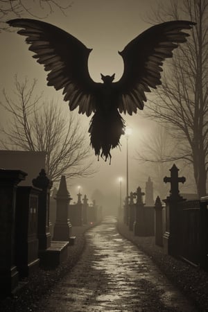 long shot, a realistic, detailed, photograph, b&w black and white sepia photo, a large gargoyle is flying over a deserted french cemetary at night. the atmosphere is eerie and strange.