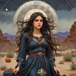 side view, full body portrait, the magic circle john william waterhouse, pre-raphaelite, a beautiful witch, smiling closed mouth with jet black long hair and an elaborate pre-raphaelite gown embroidered with magical symbols is standing in the middle of a large magic circle. her hands have twelve fingers. the detailed background is of a desert, with desert hills behind her. the witch is looking at the ground and she has an intense focused facial expression. there is a full moon in the sky. john william waterhouse, pre-raphaelite