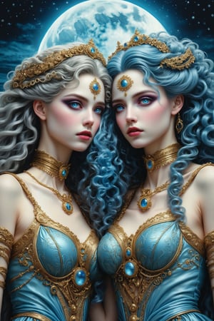 middle shot, cinematic, dynamic, realistic portrait of two beautiful ancient priestesses. side by side, looking at each other. embracing. a fusion of elaborate rococo, ancient roman, ancient european gothic punk. one has long curly blue hair and blue eyes. the other has light brown straight long hair. they wear elaborate priestess outfits. bejewelled. a detailed background of an ocean beach at night, dark sky, full moon, perfect female anatomy, goth person, pastel goth, dal, Gaelic Pattern Style, middle shot, cinematic, dynamic