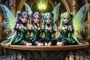 full body shot, long shot of several beautiful stunning miniature magical fairy women fly, sit, and stand on a bar table in an elaborate french absinthe bar at night. stained glass lamps glow, fancy decorative glass bottles of vivid green absinthe and glasses of green absinthe laid out on the bar table. the fairies are about 20 inches tall, have mischevious smiles. gossamer glittery irradescent fairy wings, their fairy outfits are a fusion of elaborate rococo, high fashion gothic, brocade rich fabrics, rich colors. they have large, round eyes. long pastel curly hair in twin tails, buns, braids fringe and bangs. perfect female anatomy, goth person, pastel goth, dal, Gaelic Pattern Style,
