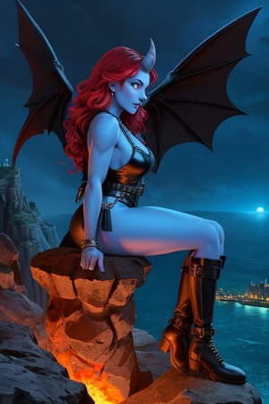 full body shot side view, a stunning beautiful young queen of gargoyles with gray skin, detailed gargoyle wings, big horns, thick voluminous long curly vivid red hair, red glowing eyes, normal breasts, sitting on the ledge of a very tall cliff on a deserted island above the stormy seas below. she is looking at the ocean guarding the castle. she is wearing an elaborate leather outfit with buckles, straps and metal chains. she has combat boots on her feet. it's midnight, the sky is dark there is a glowing full moon in the sky and stars. 
,Detailedface,blue skin