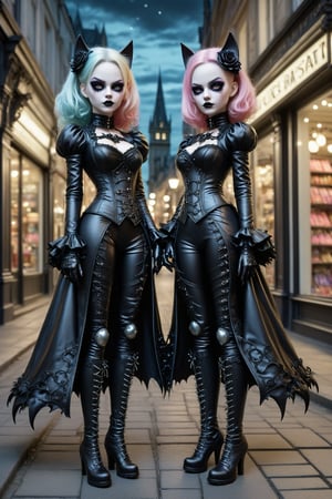 full body shot, action shot, beautiful stunning cat woman sisters, they stand together leaning against a city shop at night talking, side view, a fusion of elaborate gothic, punk rococo, gothic, lolita and punk. she has large, round cat eyes. she has elaborate gothic make-up, cat ears,  perfect female anatomy, goth person, pastel goth, dal, Gaelic Pattern Style,