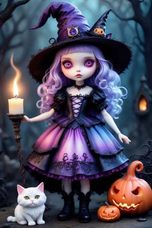 skp style, greeting card style captures fairytale essence, hyper detailed whimsical cute young witch girl princess with big light purple eyes, full body shot, ral-vltne, elaborate witch outfit, elaborate witch hat, dress of vibrant colors, pinks, reds, blues, whites, lace up victorian boots on her feet, red glitter pastel watercolor, in the style of Gorjuss, Joan Walsh Anglund, soft-focus and diffused lighting akin to Paolo Roversi, imbued with Tim Burton's macabre touch, Kris Kuksi-like intricate background detail of a beautiful illuminated, underworld, candles, tiny flying demons, cats, fire, potions, cauldron, elaborate witch lair, digital painting, ultra-detailed, cinematic, made of ral-vltne 
