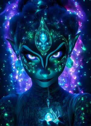 portrait (sacred night and elf puppet),(ultra-fine HDR),extremely delicate and beautiful girl, glowing intricate human detailed eyes, glowing tattoos on face, glowing translucent irradescent orb