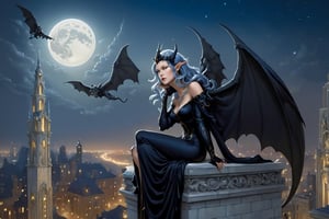 extreme long shot view,  michael parkes style, a beautiful young queen of gargoyles. long grey-blue hair, an elaborate black silk gown - no hands and a silver crown is sitting next to her baby gargoyles on the top of a very tall building. her eyes are open and she has a serene expression. its night time with a full moon and dark sky. a gargoyle is swooping down from above getting ready to land on a building. stars are in the sky.  in the distance are tall buildings with gargoyles. michael parkes, artist study hands. ,1girl,Masterpiece,SD 1.5,realistic