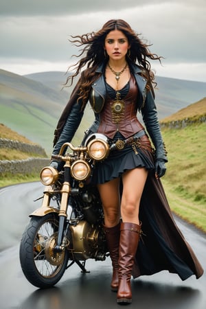 wide view long shot. by john william waterhouse, pre-raphaelite, a beautiful steampunk slim, tall young woman standing next to a steampunk inspired motorcycle next to a winding road in the green hills of ireland. she has curly long jet black hair blowing in the wind. she wears an elaborate steampunk victorian outfit, long steampunk earrings, elaborate syeampunk necklaces, jacket, cloak and boots. john william waterhouse, pre-raphaelite, perfect female anatomy.